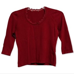 (2/$25) Petal lace collar three quarter sleeve scoop neck top maroon